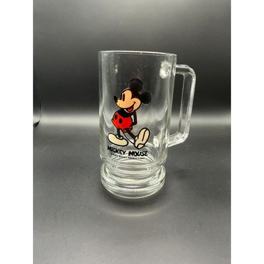 Vintage Mickey Mouse Glass Mug Walt Disney Productions Clear Beer Coffee Stein